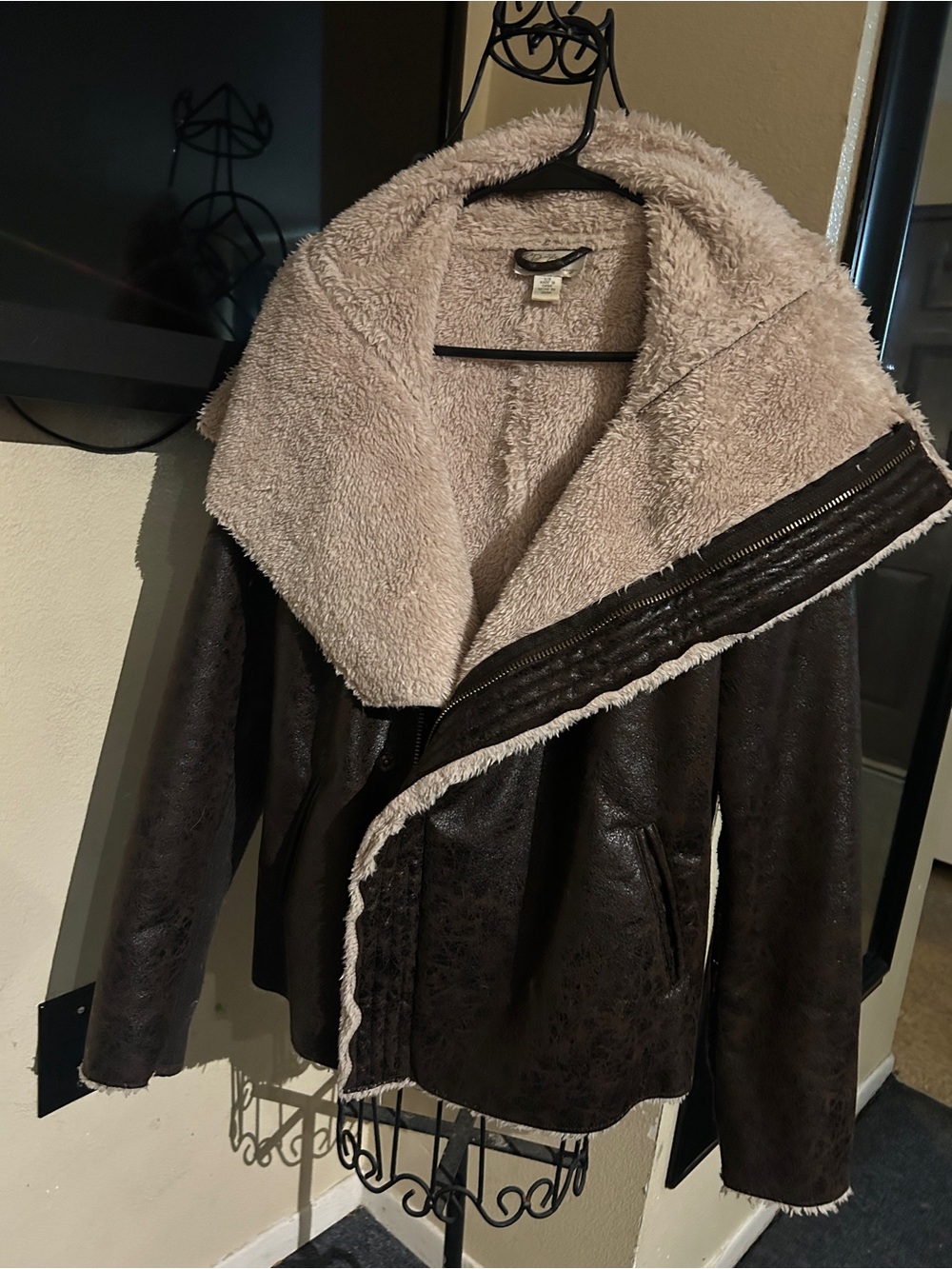 RD Style Dark Brown Faux Leather Jacket with Cream Shearling Collar